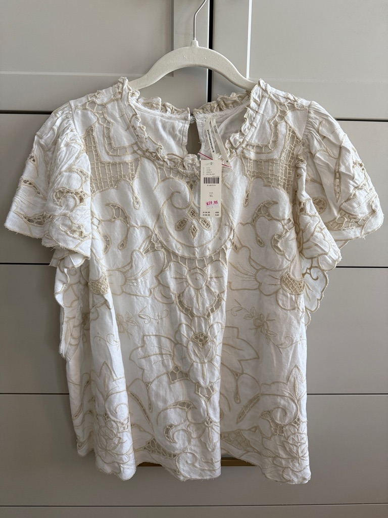White Embroidered Flutter-Sleeve Blouse